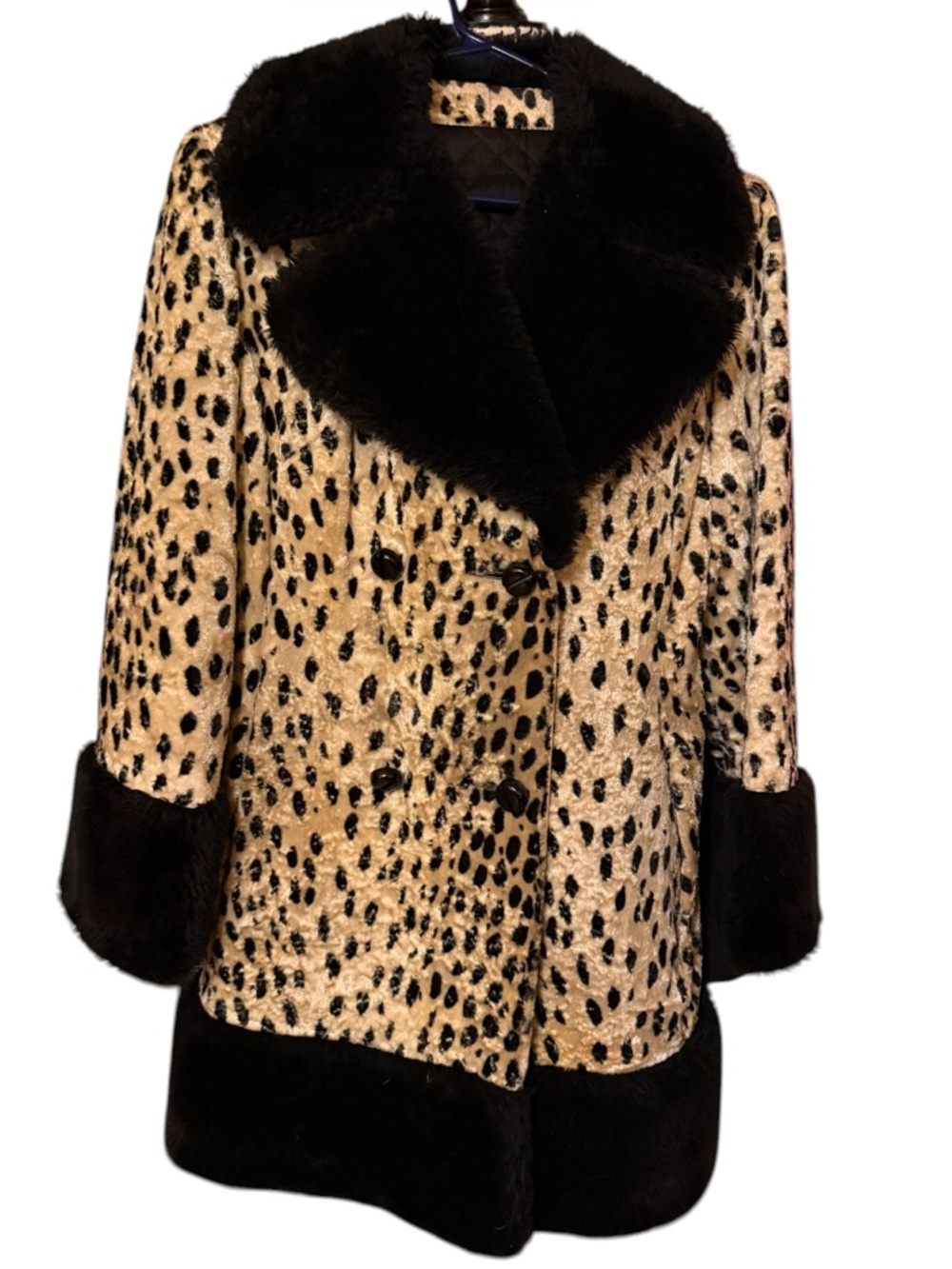 Vintage Leopard-Print Faux Fur Double Breasted Coat with Black Faux Fur Trim